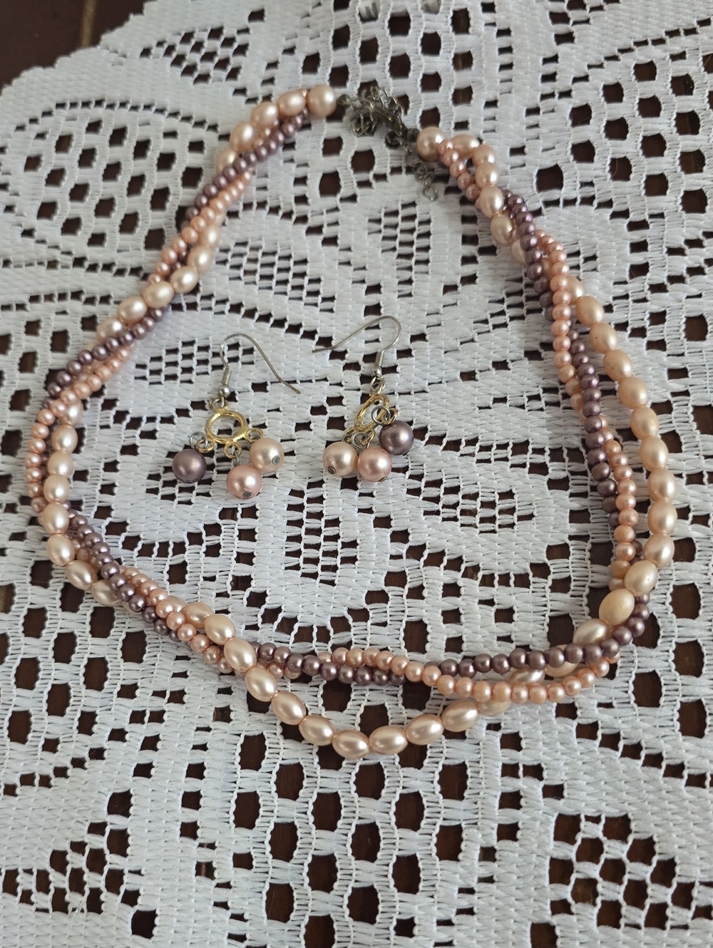 Faux Pearl Multi-Strand Necklace and Earrings Set - Pink